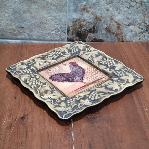 Rooster Plaque Plate Pair Ceramic Square 3D Grape Vine Frame - Picture 6 of 10